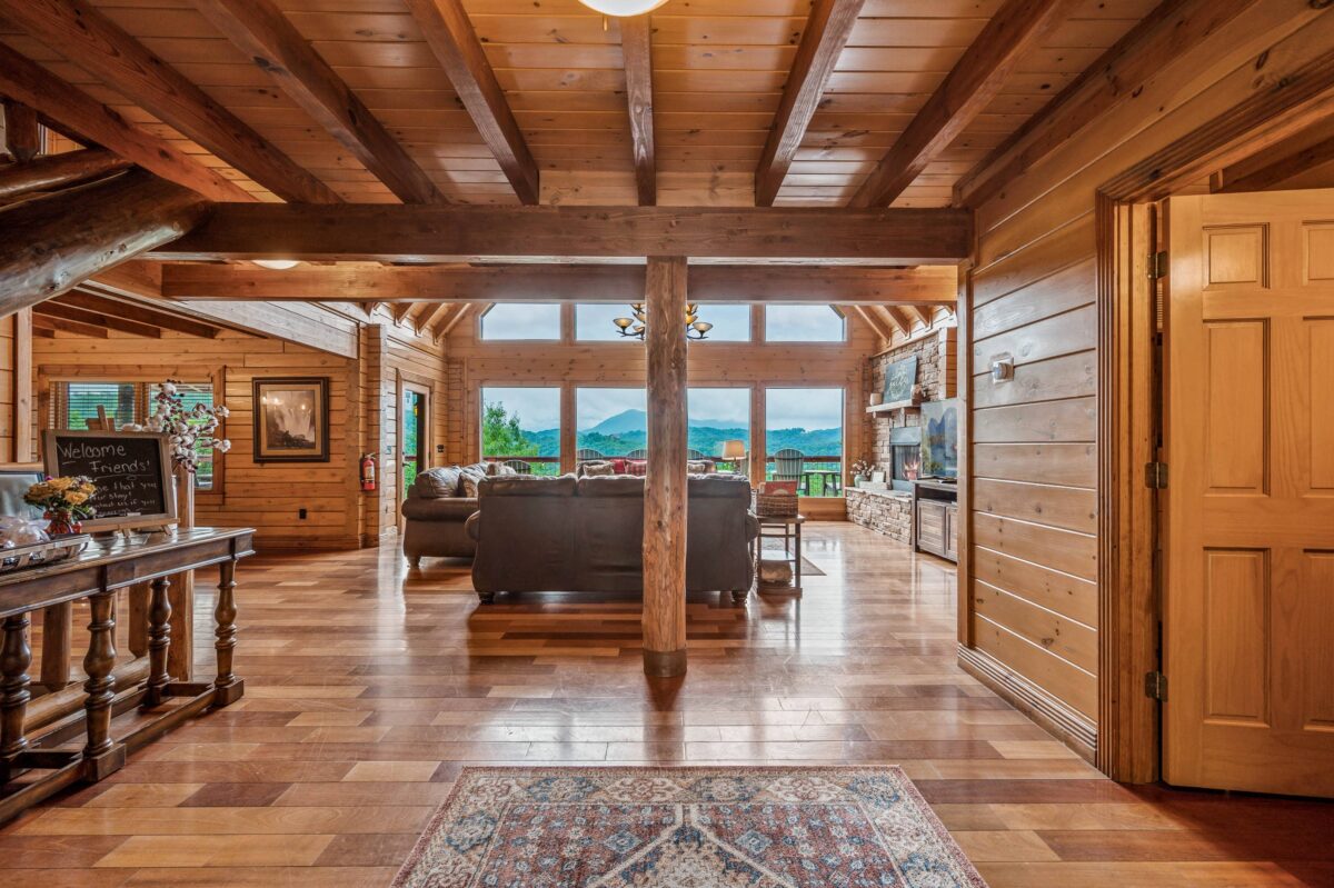 Great room with mountains in the background
